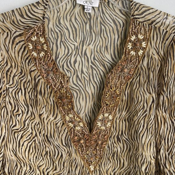Cache Beige Animal Print 100% Silk Embellished V-Neck Sheer Blouse - Picture 5 of 7